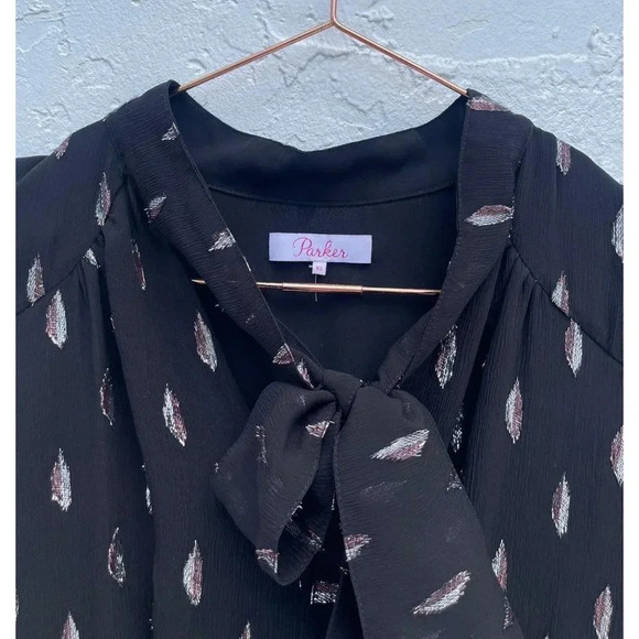 Parker Shelli Womens Long-Sleeve Ruffled Silk Blouson Mini Dress Black Sz XS - Picture 6 of 16